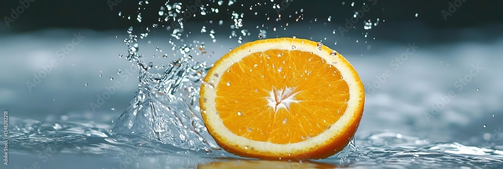 Aufkleber close up view of a juicy orange slice slowly dropping into clear water creating a dynamic splash and