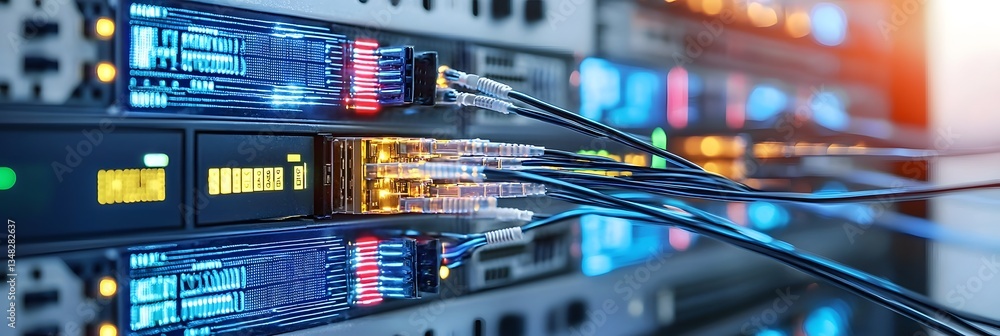 Leinwandbilder close up view of fiber optic cables illuminated with bright colorful lights indicating high speed da