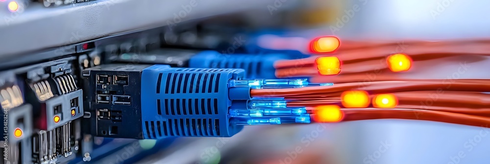 Aufkleber close up view of glowing colorful fiber optic cables carrying high speed digital data and network tr