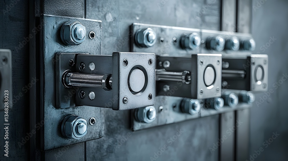 Poster closeup view of sturdy metallic safe doors with a reinforced industrial style design and large bolts
