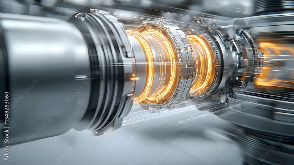 Poster close up view of the internal components of a brushless dc motor with a glowing coil effect that hig