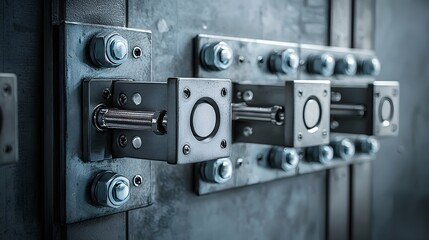 Obraz premium Closeup view of sturdy metallic safe doors with a reinforced industrial style design and large bolts locking the entrance in place