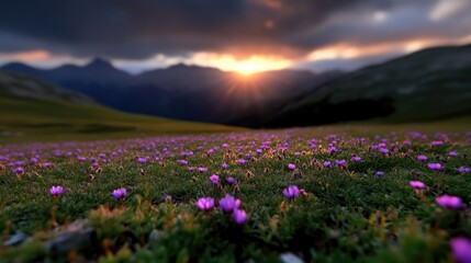 Obraz premium A field of vibrant purple wildflowers blankets a high-altitude meadow at sunset, with majestic mountains in the background. Sunbeams break through the clouds, illuminating the scene