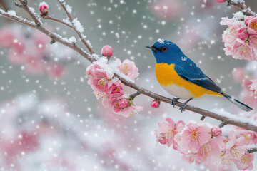 A vibrant blue and orange bird sits among pink blossoms dusted with snow. The image is being prepared for submission to Adobe Stock as a photo