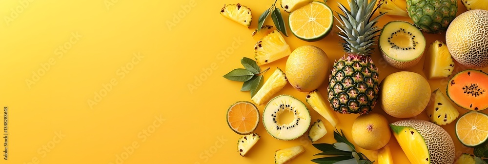Poster colorful arrangement of fresh pineapples oranges lemons and other tropical fruits scattered on a bri