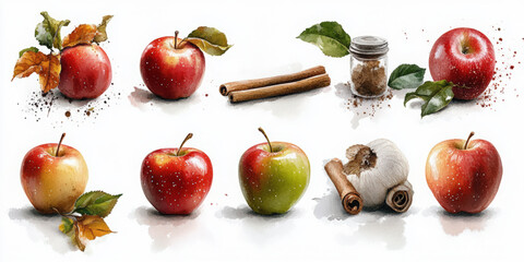 Iconic handpainted watercolor apple set on white background unique art collection creative culinary concept