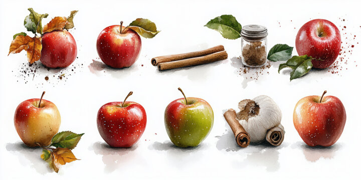 Iconic handpainted watercolor apple set on white background unique art collection creative culinary concept