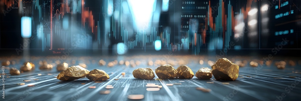 Aufkleber conceptual background blending golden nuggets with abstract financial data visualizations suggesting