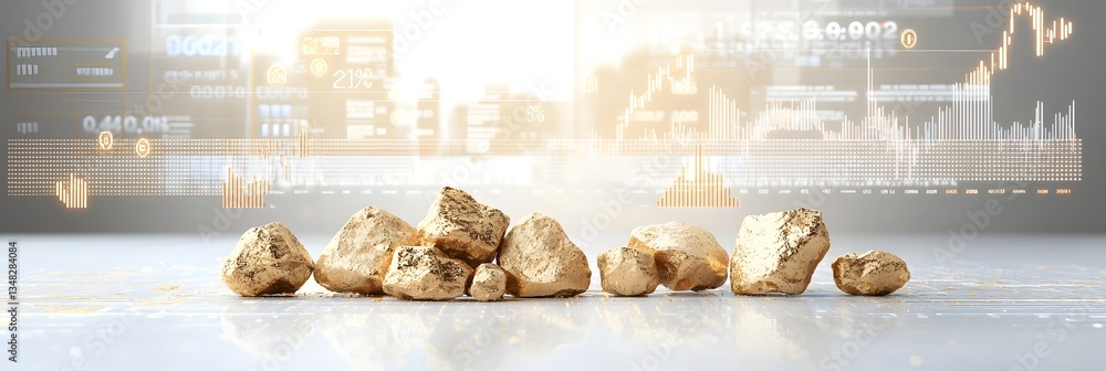Aufkleber Conceptual background featuring golden nuggets blended with vivid data visualizations and market charts symbolizing the connection between natural resources finance and technological innovation