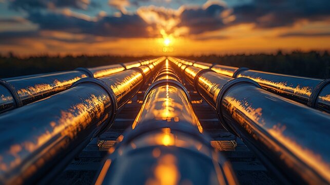 Parallel metal pipelines stretching into a sunset illuminated horizon