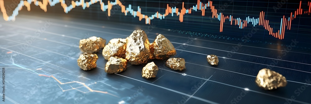 Poster Conceptual image blending valuable gold nuggets with an abstract financial data visualization symbolizing the connection between natural resources and digital finance