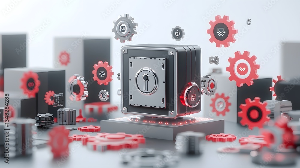 Aufkleber Conceptual image depicting a floating safe surrounded by digital security symbols and gears representing the importance of cybersecurity and data protection in the modern technological landscape