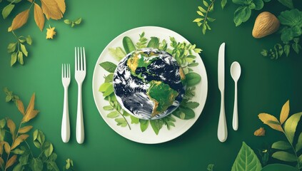 Earth on a plate, surrounded by greenery; eco-conscious dining