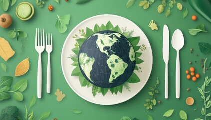Earth on a plate surrounded by fresh produce, emphasizing sustainable eating