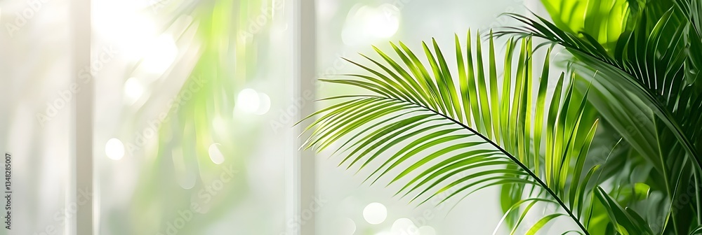 Aufkleber Delicate palm leaves gently swaying in the warm soft light of a sunny day creating a serene natural bokeh effect