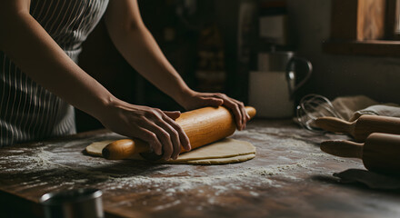 Obraz premium Woman's Hands Rolling Dough on Rustic Wooden Kitchen Counter