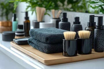 A bathroom with a wooden tray holding a black towel and a bunch of toothbrushes