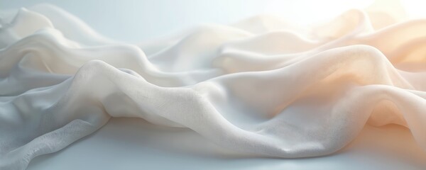 Abstract texture background made of transparent white fabric. Gentle waves, soft light, semitransparent material, soft folds banner or wallpaper with copy space. Modern art design.