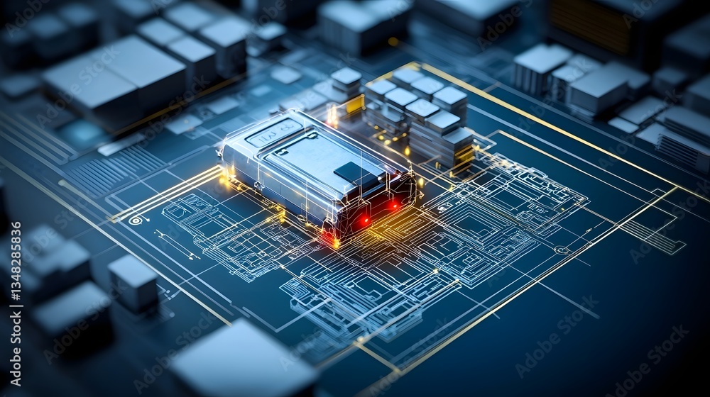 Poster Detailed visualization of a complex futuristic digital circuit blueprint with glowing interconnected electronic components and architectural elements