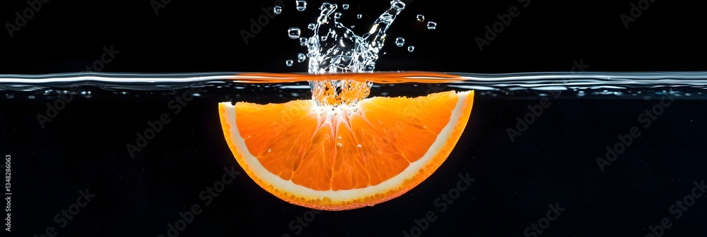 Poster Dramatic slow motion capture of an orange slice gracefully plunging into clear sparkling water and creating a dynamic splash of color and movement