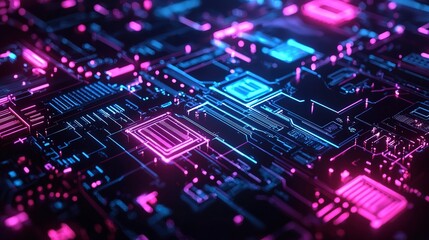 Obraz premium Illuminated circuit board features neon blue and pink glowing components