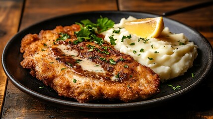 A perfectly crispy Argentine milanesa (breaded beef cutlet) served with mashed potatoes and a fresh lemon wedge, presented on a rustic plate
