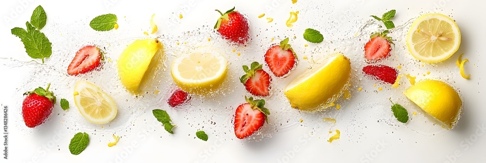 Poster dynamic background featuring a medley of vibrant fresh fruit slices including lemon strawberry and m