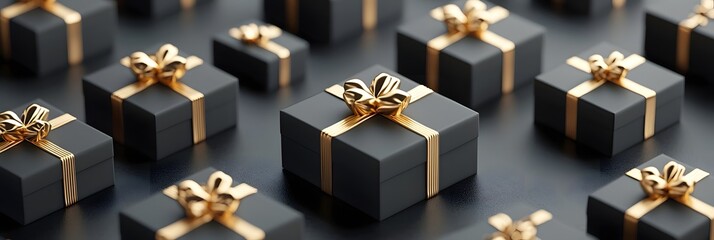 Elegant and sophisticated black and gold trimmed gift boxes with ornate shimmering bows conveying a sense of luxury and exclusivity
