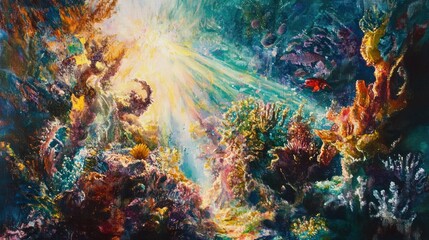 A vibrant underwater scene with a sunbeam breaking through the surface, illuminating a coral reef teeming with life