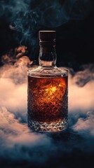 Whiskey or liquor bottle on elegant dark background with smoke in the far background.Perfect for bar menus, alcohol blogs or sophisticated product ads.