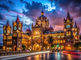 Fototapeta premium Low Light Victoria Terminus CST Mumbai Night Photography, Dramatic Indian Railway Station Image, Vintage Architectural Details, Golden Hour, Urban Exploration