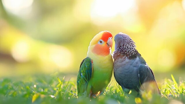 Low-angle video still of two colorful parrots on grass, bathed in warm sunlight, capturing a serene and intimate moment in nature.