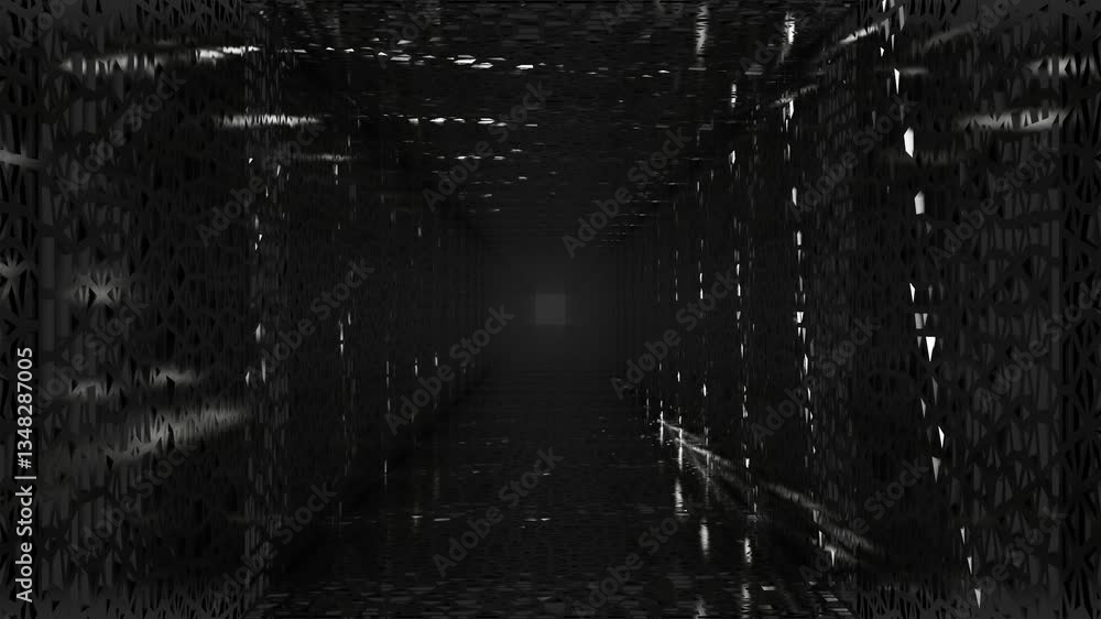 Poster endless forward movement inside a dark gloomy tunnel with white lighting and abstract openwork walls