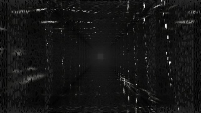 endless forward movement inside a dark gloomy tunnel with white lighting and abstract openwork walls. 3d render looped animation