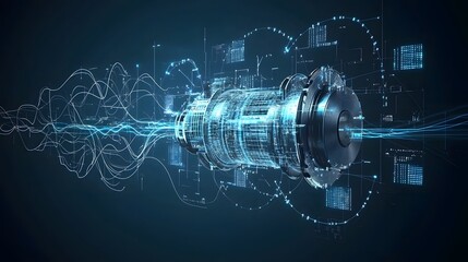 Futuristic abstract visualization of an electric motor surrounded by digital lines electrical circuits and dynamic energy waves representing advanced technology and engineering concepts