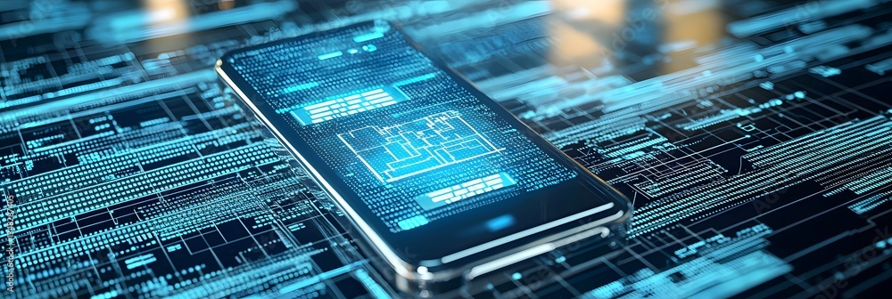 Leinwandbilder Futuristic digital background featuring a smartphone interface layered over a complex circuit board matrix with glowing elements and data flow