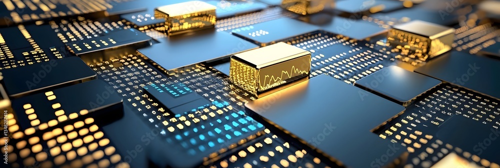 Leinwandbilder Futuristic digital finance background featuring a virtual market interface with intricate golden circuit board patterns and technological elements