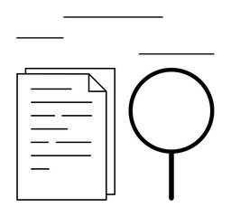 Paper stack next to magnifying glass representing research, analysis, inspection, data search. Ideal for document management, investigation, legal review, audit workflow, file handling quality