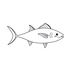 Drawing of a cartoon fish swimming in the ocean during a sunny day in doodle style