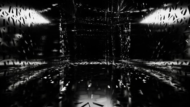 endless forward movement inside a dark gloomy tunnel with white lighting and abstract openwork walls. 3d render looped animation