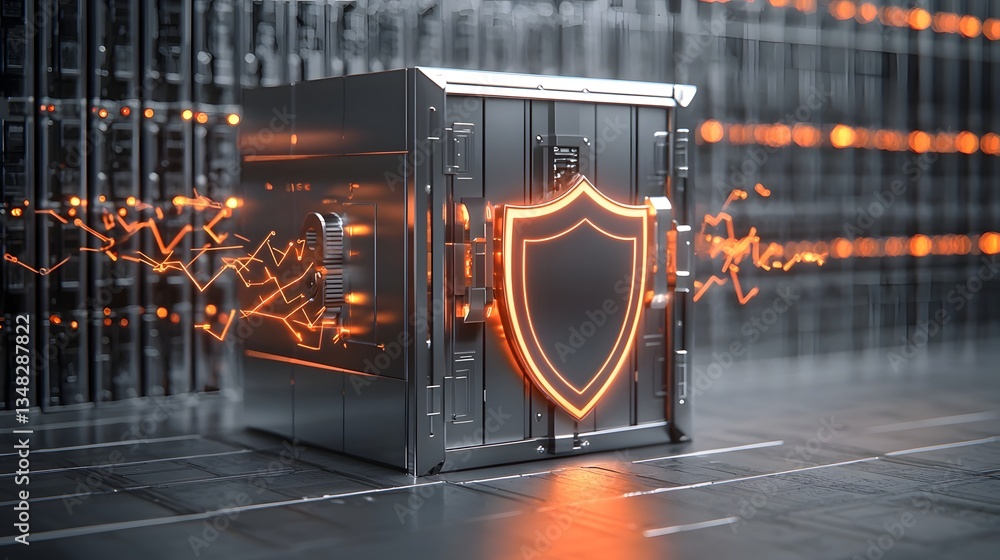 Fototapete futuristic digital security vault with glowing shield symbol representing secure data storage and cy