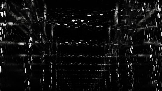 endless forward movement inside a dark gloomy tunnel with white lighting and abstract openwork walls. 3d render looped animation