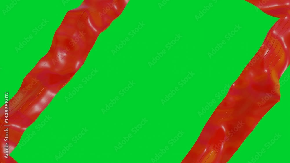 Poster animated frame of red deforming tape on green background. 3d render looped animation