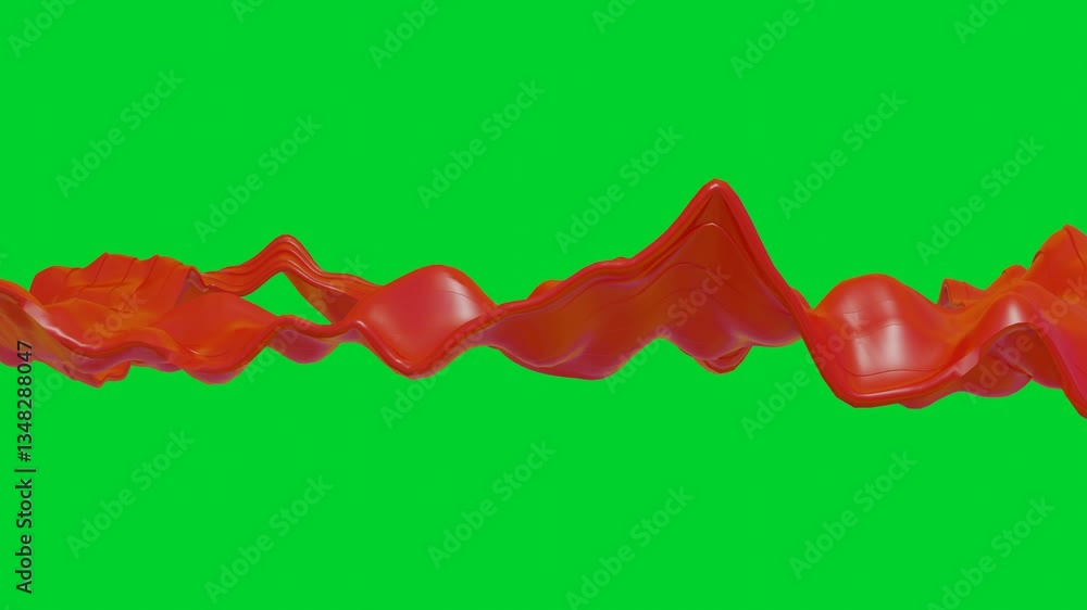 Poster smooth red deforming ribbons move slowly on green background. 3d render looped animation