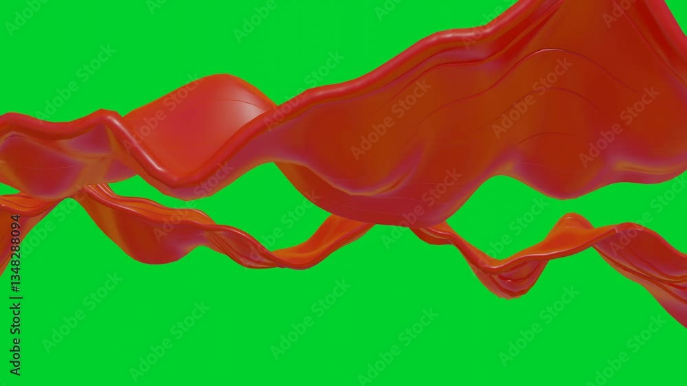 Poster smooth red deforming ribbons move slowly on green background. 3d render looped animation