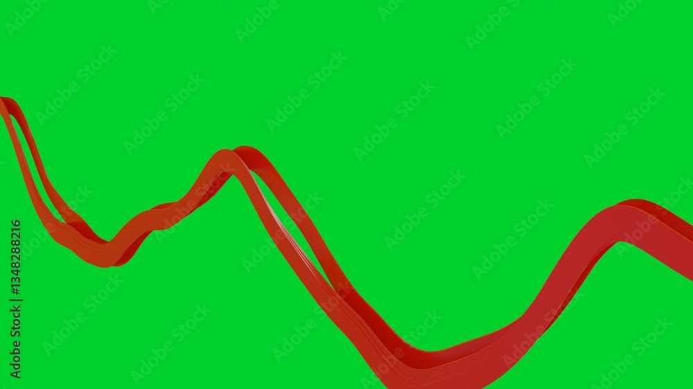 Poster smooth red deforming ribbons move slowly on green background. 3d render looped animation
