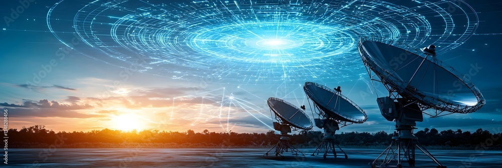 Poster Futuristic landscape with satellite dishes and antennas pointed towards a vibrant digital sky at sunset representing advanced communication and data transmission technologies