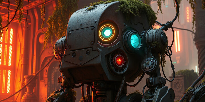 Ancient, rusted robot sitting among ruins of a decaying city, overgrown with moss and ivy, golden sunlight through broken windows &ndash; detailed, atmospheric.