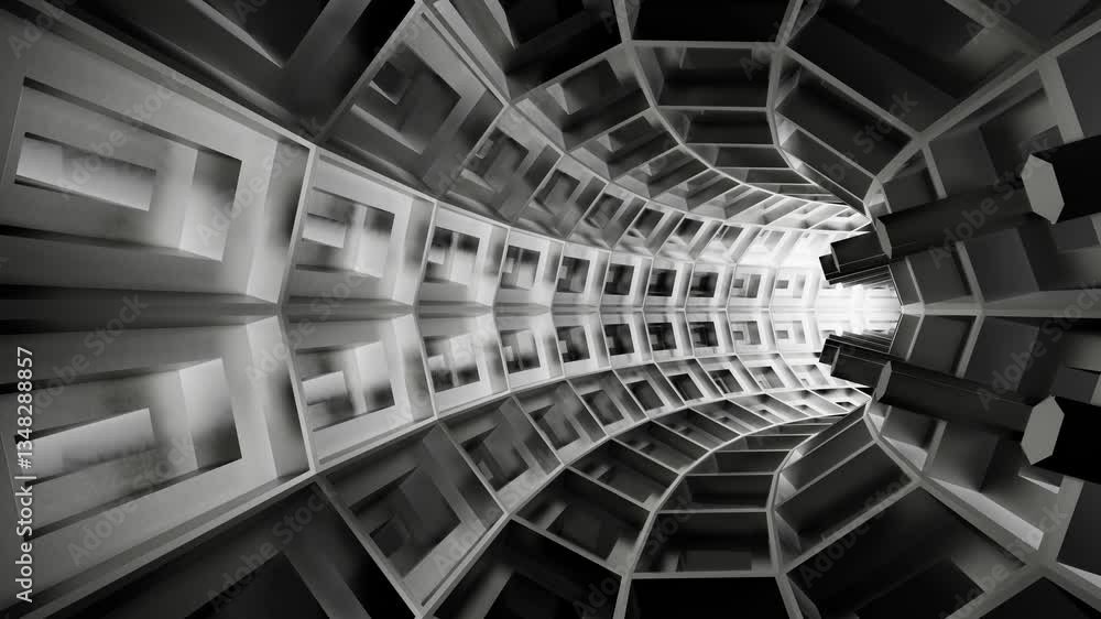Poster endless movement inside abstract gray tunnel. 3d render looped animation