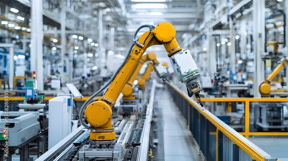 Poster Highly automated industrial factory with cutting edge robotic equipment and precision monitoring systems for efficient streamlined production